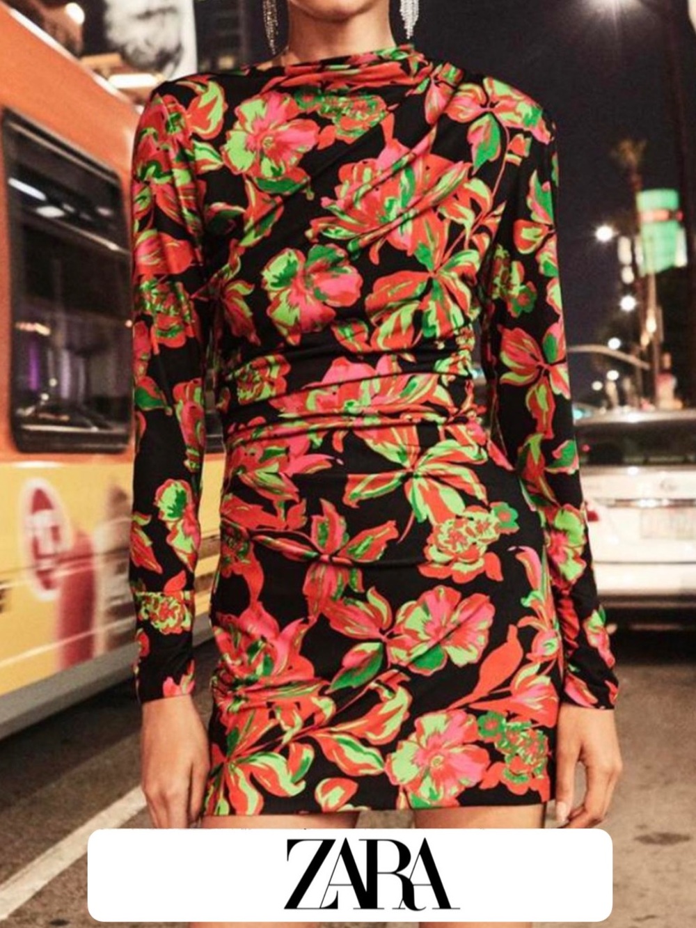 Zara Black Floral Long-Sleeve Mini Dress - Pink & Green Print